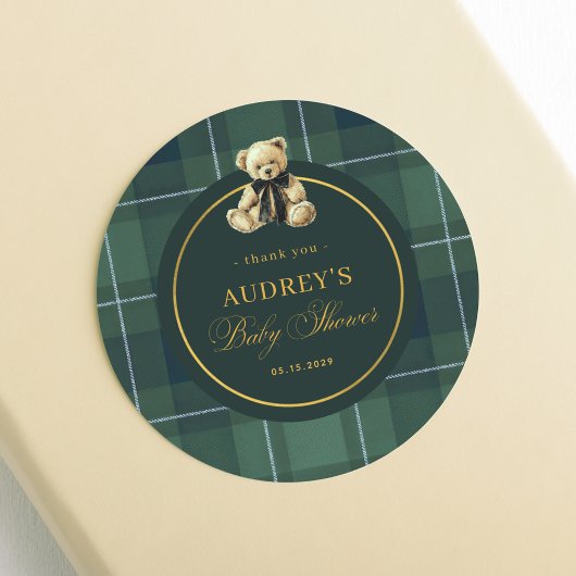 Tartan Polo Plaid Teddy Bear Baby Shower Thank You Runder Aufkleber