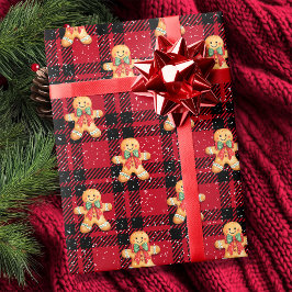 Tartan Red Black Gingerbrot Schneefall Weihnachten Geschenkpapier