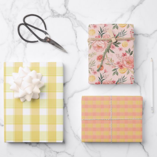 Tartan rose lemon yellow peach set wrapping paper geschenkpapier set (Vorderseite)