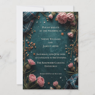Tartan-Rosen-Botanische Teal-Hochzeitseinladung Einladung