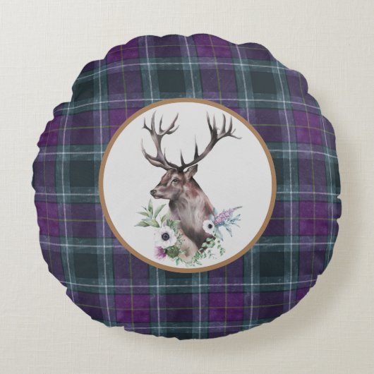 Tartan Stag Scottish Themed Rundes Kissen (Vorderseite)