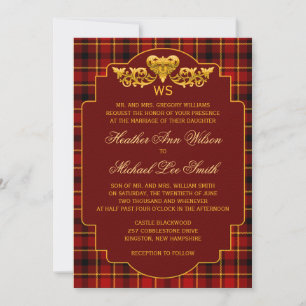 Tartan Wedding Red Black Gold Karierte Patternfarb Einladung