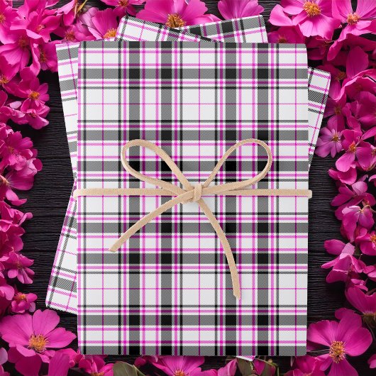 Tartan - Weiß-Schwarz-Heiß-Rosa Geschenkpapier Set