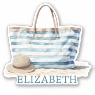 Tasche am Strand zwischen blau und weiß Streifen Aufkleber