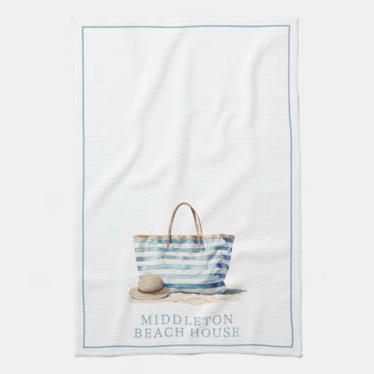 Tasche am Strand zwischen blau und weiß Streifen Geschirrtuch (Vertikal)