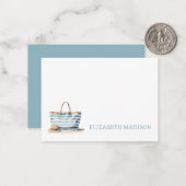 Tasche am Strand zwischen blau und weiß Streifen Mitteilungskarte (Vorderseite/Rückseite Beispiel)