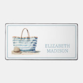 Tasche am Strand zwischen blau und weiß Streifen Schreibtischunterlage (Vorderseite)