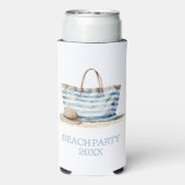 Tasche am Strand zwischen blau und weiß Streifen Selters Dosenkühler (Seltzer Rückseite)