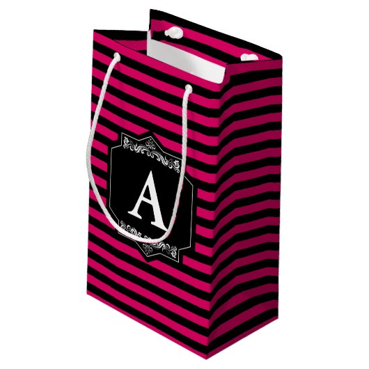 Tasche Geschenke Streifen Pink Monogramm Kleine Geschenktüte (Rückseite Schrägansicht)