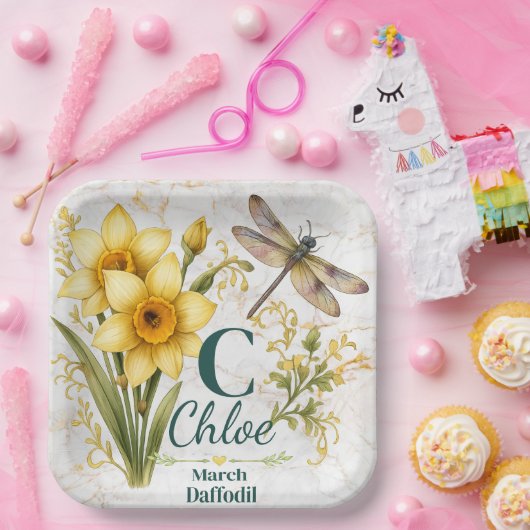 Taschen-Monogramm mit Osterglocke und Libelle für Pappteller (Party)