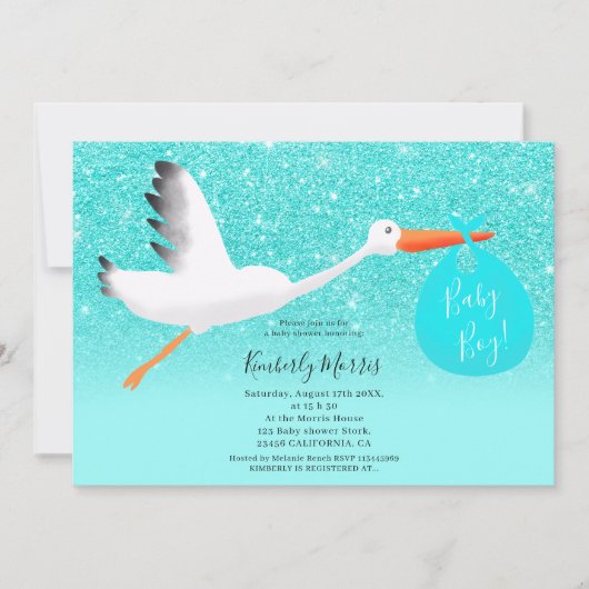 Taschenlampe für Storchenjunge Glitzer Babydusche Einladung (Vorderseite)