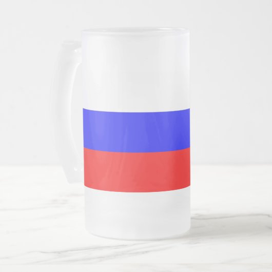 Tasse aus mattiertem Glas mit der russischen Flagg (Vorderseite Links)