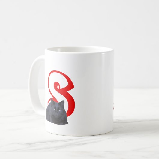 Tasse - Buchstabe S mit schwarzer Katze und Name (Vorderseite Links)