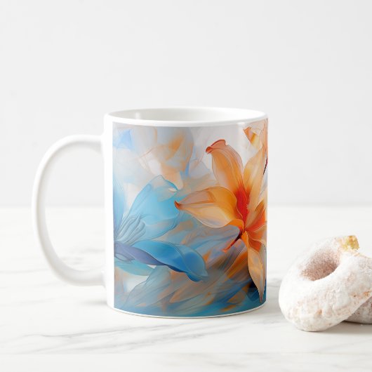 Tasse der blauen und orangen Blume (Mit Donut)