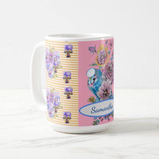 Tasse der Blütenvögel von Hand Pink Blue Budgie (Vorderseite Links)