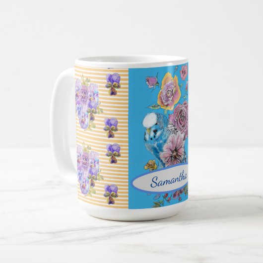 Tasse der Blütenvögel von Hand Pink Blue Budgie (Vorderseite Links)