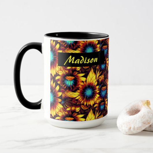 Tasse der hellen Sonnenblumen (Mit Donut)