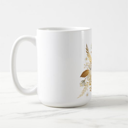 Tasse der Keramik mit Weißblumen und Goldblumen (Links)
