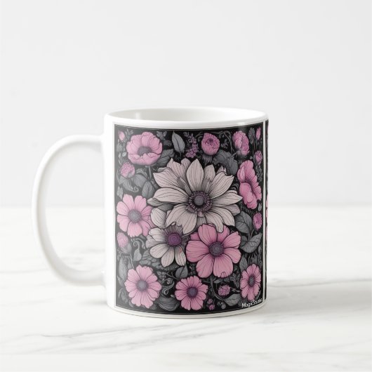 Tasse der rosa, schwarzen und weißen Blume (Links)