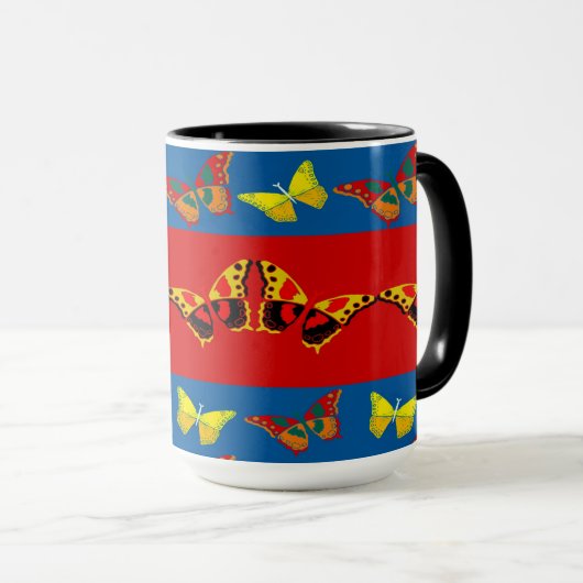 Tasse der Schmetterlinge in Blau, Gelb und Rot (VorderseiteRechts)
