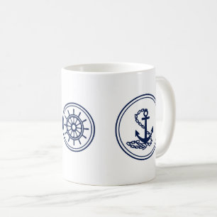 Tasse des Kaffees, Blauer Anker und Schiffsrad
