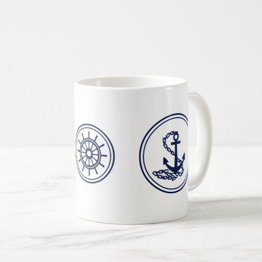 Tasse des Kaffees, Blauer Anker und Schiffsrad (VorderseiteRechts)