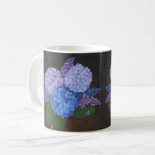 Tasse des Kaffees - Vase der Hydrangeas (Vorderseite Links)