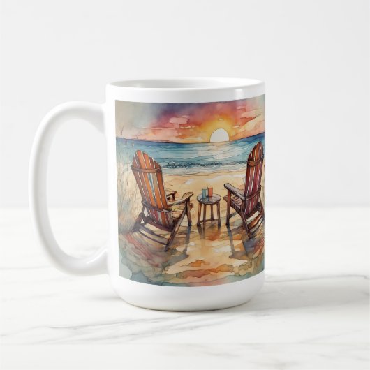 Tasse des Sonnenuntergangs am Strand, Ozeanwellen (Links)