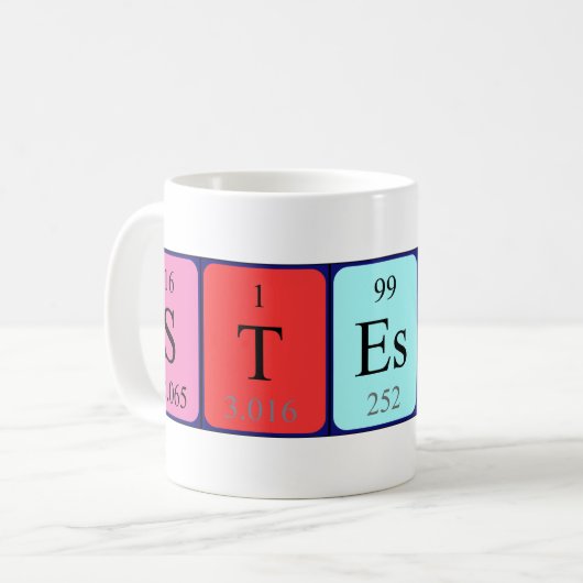 Tasse des Stesseln periodischer Tabellennamen (Vorderseite Links)