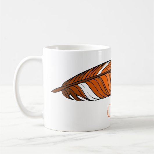 Tasse - Feder und Name in Orangen (Links)