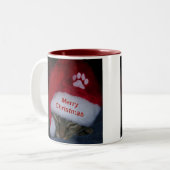 Tasse Frohe Weihnachtskatze in Weihnachtsmannmütze (Vorderseite Links)