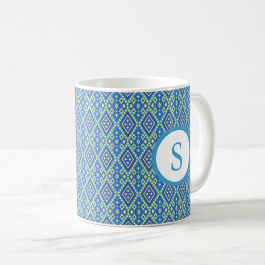 Tasse für blaues und gelbes, dynamisches Design (VorderseiteRechts)