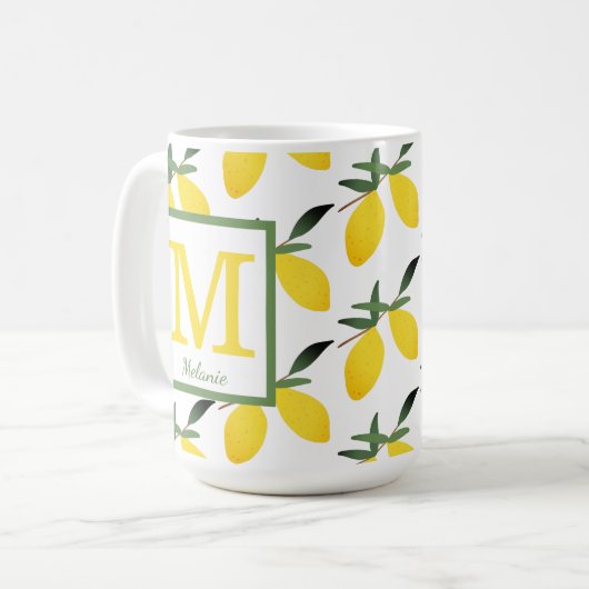 Tasse für hübsche Lemon Muster Monogramm Name (Vorderseite Links)