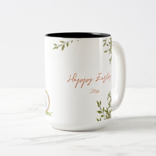 Tasse "Happy Oaster" mit einem Bild eines Hasen. (VorderseiteRechts)