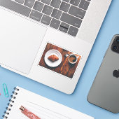 Tasse Kaffee und Croissant am rustikalen Tisch Aufkleber (Laptop mit iPhone)