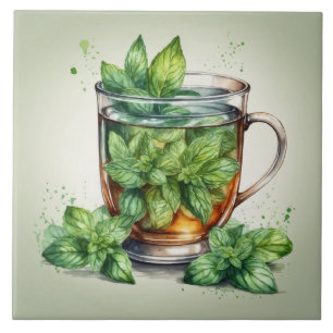 Tasse Minztee mit frischen Pfefferminzblättern Fliese