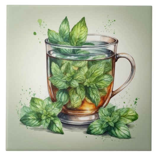 Tasse Minztee mit frischen Pfefferminzblättern Fliese (Vorderseite)
