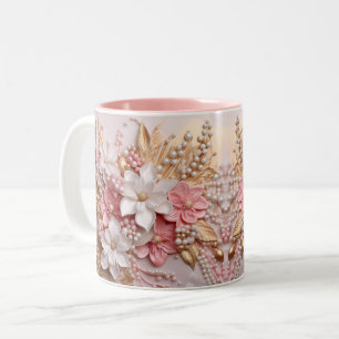 Tasse mit 3D-Blumen und -Beeren in Rosa, Weiß und