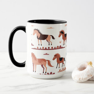 Tasse mit abstrakter Kunst und Pferden.