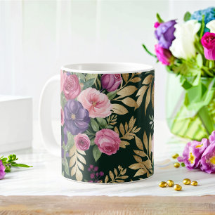 Tasse mit Aquarellblumen und Goldakzenten