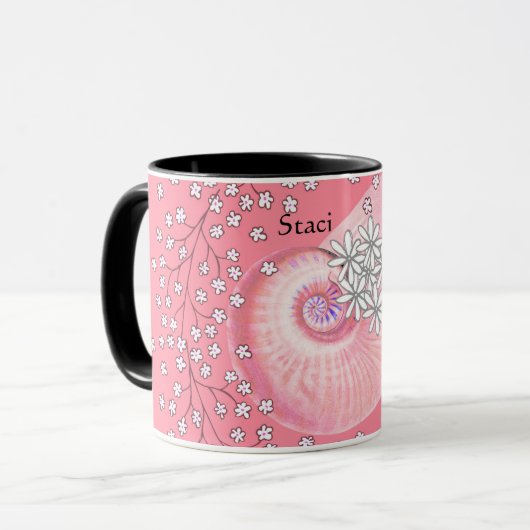 Tasse mit Daisis und Muschel in Rosa (Vorderseite Links)