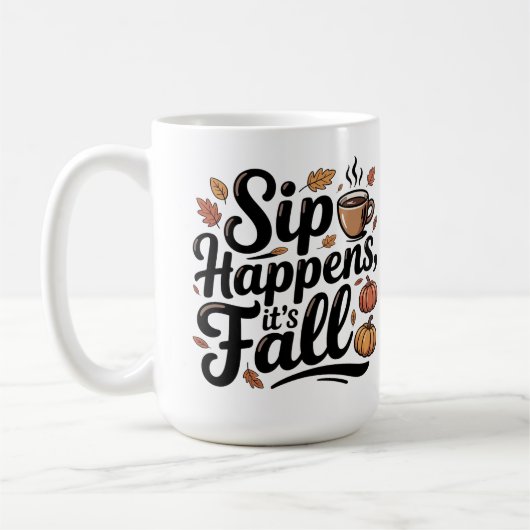 Tasse mit Herbsthumor 'Trinken passiert' (Links)