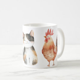 Tasse mit Hund, Katze und Huhn