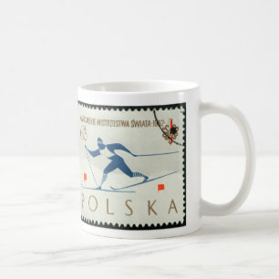 Tasse mit intage Porto-Briefmarke Ski fahrendes