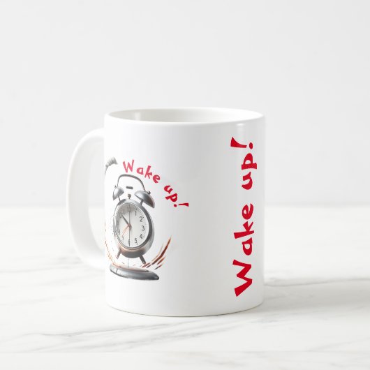 Tasse mit klingelndem Wecker geweckt (Vorderseite Links)