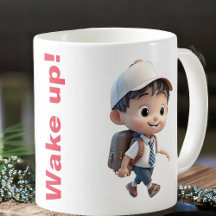 Tasse mit Klingelwecker und niedlichem Kind