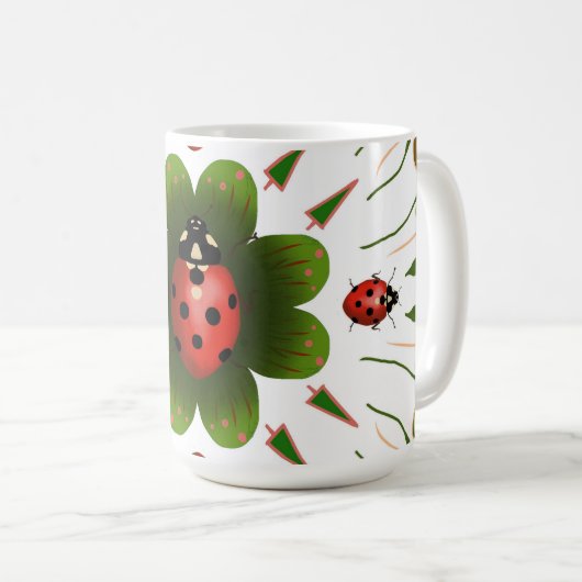Tasse mit ladybug-Design, rot & grün auf weiß. (VorderseiteRechts)