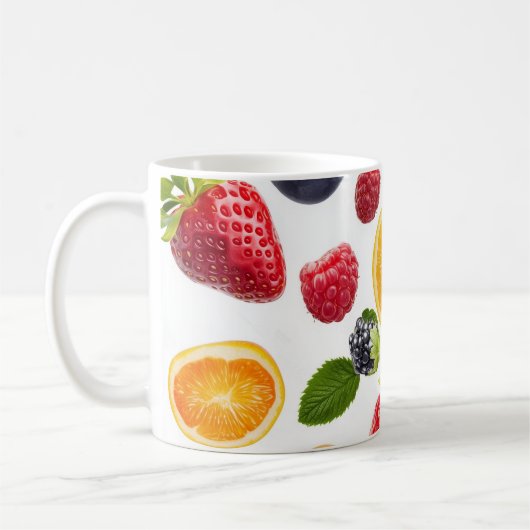 Tasse mit lebhaften Fruchtbildern (Links)