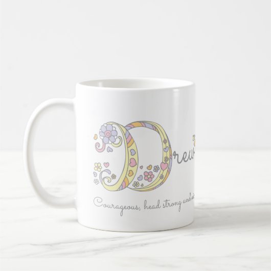 Tasse mit Monogramm und Bedeutung des Namens Drew (Links)