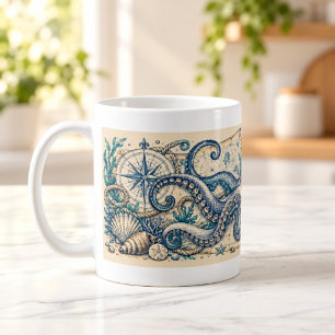 Tasse mit neugierigem Oktopus in mariner Gravur